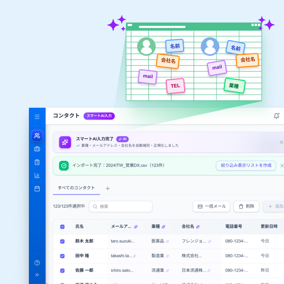 CSVインポート機能の画面。既存リストのインポートをAIがお手伝い